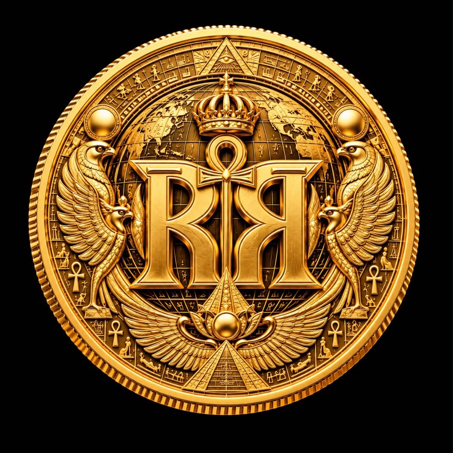 The Rare Radicals gold coin: a crowned RR monogram with an ankh, flanked by falcons over a globe and pyramids